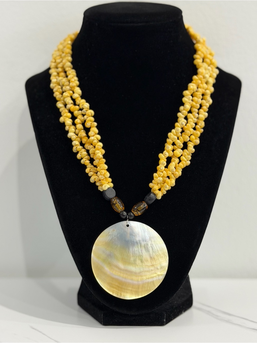 Yellow Beaded Multi-Strand Necklace with Shell Pendant